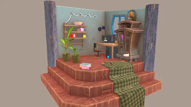 脏工作区低多边形等距房间场景