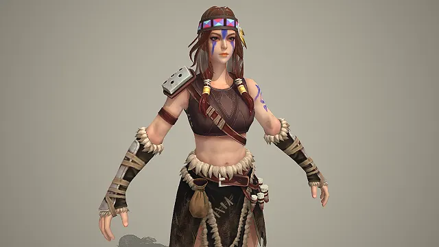 卡通风格原始部落女战士角色 3D 模型 带毛边护具套装