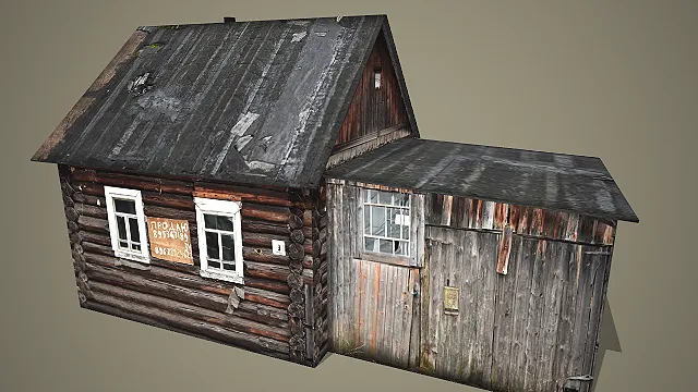 旧木楞墙面配破损顶及附屋的复古乡村废弃木屋建筑 3D 场景模型