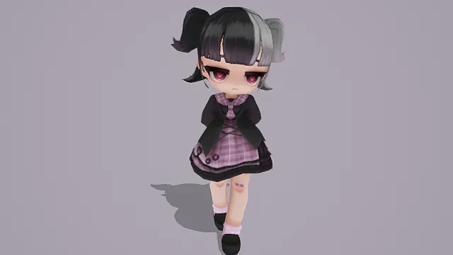3D卡通风格Q版暗黑系少女角色模型，创意设计（3D角色、卡通风格、暗黑Q萌风，角色设计主题）