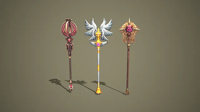 三款奇幻风格法师法杖 3D 模型 游戏武器道具资产