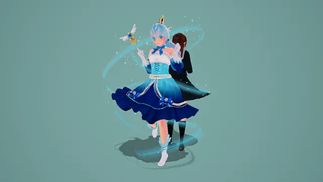 动漫风格3D魔法少女角色模型，创意设计（动漫魔法少女、3D模型、蓝白色渐变长发、金色皇冠发饰、蓝白渐变洛丽塔裙）