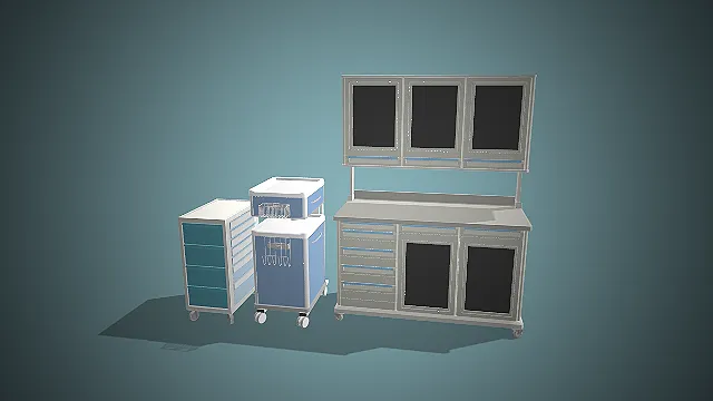 一套蓝白配色的医用储物柜组3D模型