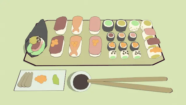 卡通风格化寿司套餐食物盘子蘸料筷子