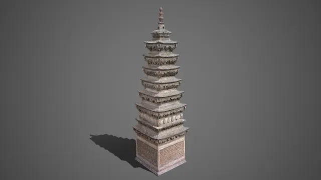 仿古密檐式石塔  多层楼阁结构  上翘檐角  古旧斑驳  传统佛塔  斗拱纹饰带  