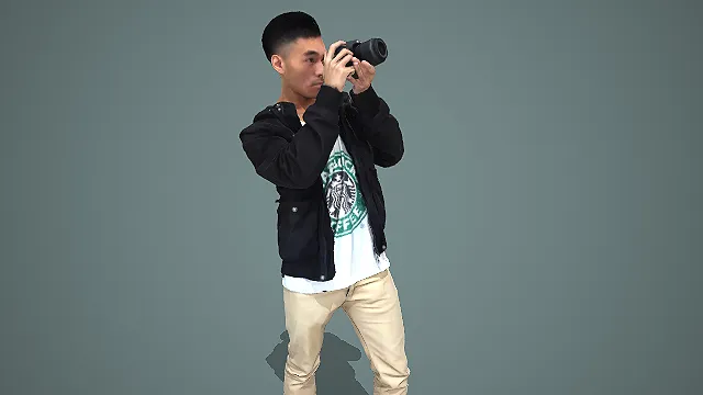 潮酷休闲风黑夹克配卡其裤男性持机拍摄形象 3D 模型