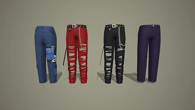 破洞链条工装裤与纯色西装裤四件套 3D 模型