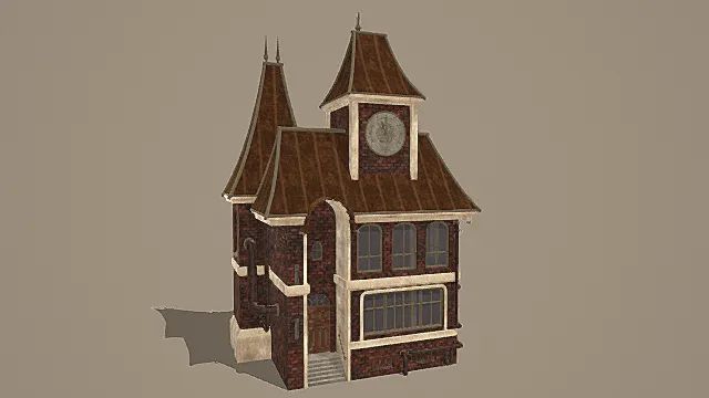 复古蒸汽风红砖双尖顶钟楼建筑3D模型