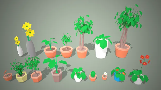 一组低多边形卡通风格的3D盆栽模型集合