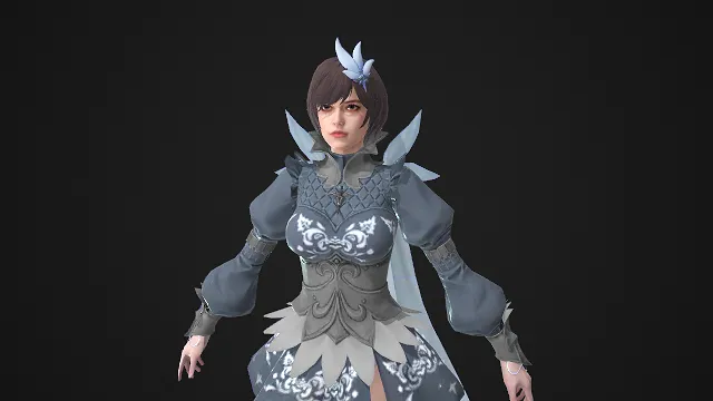 仙幻风格  女性 3D 角色模型  羽饰发冠  战甲裙装  灰蓝主调  银纹刺绣  奇幻