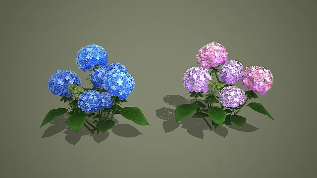 低模蓝粉双色绣球花簇 3D 模型 游戏场景庭院花卉素材