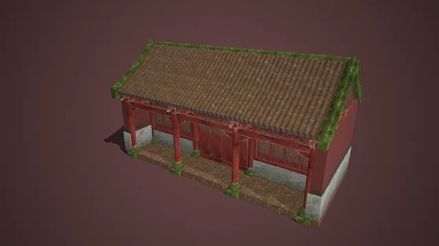 中式传统风格  厢房建筑  红墙灰石基座  棕褐色瓦顶  朱红立柱  古朴典雅  古风场景庭院