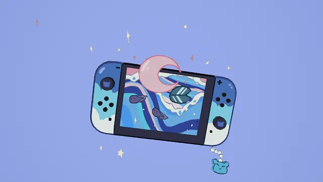 3D卡通风格蓝粉白系梦幻掌机模型，创意设计（3D游戏机、卡通风格、梦幻童趣风，掌机设计主题）