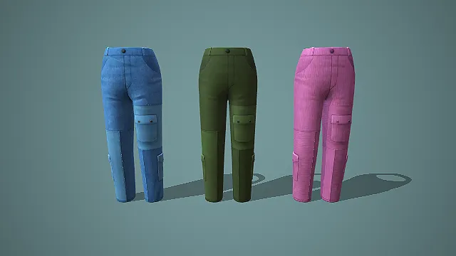 蓝绿粉三色多口袋工装长裤套装 3D 模型