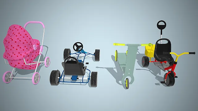 一组儿童出行与玩乐工具的3D模型集合