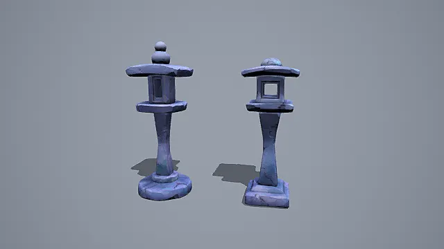 卡通风格3D石灯笼模型组，创意设计（卡通石灯笼、3D模型、蓝紫色调、石质纹理、不同顶部造型）
