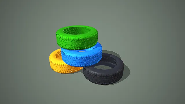 写实风格四色堆叠轮胎 3D 工业场景道具模型
