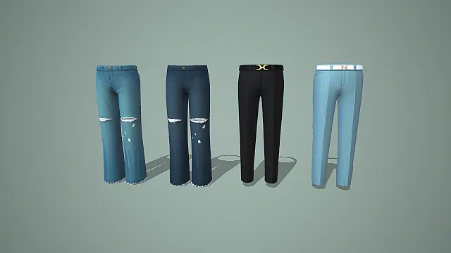 破洞毛边牛仔裤与金属扣西裤四件套 3D 模型
