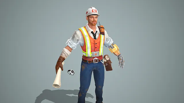 卡通风格机械义肢建筑工程师角色 3D 模型 工装款