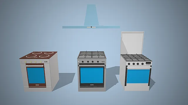 一组低多边形卡通风格的3D厨房灶台模型集合