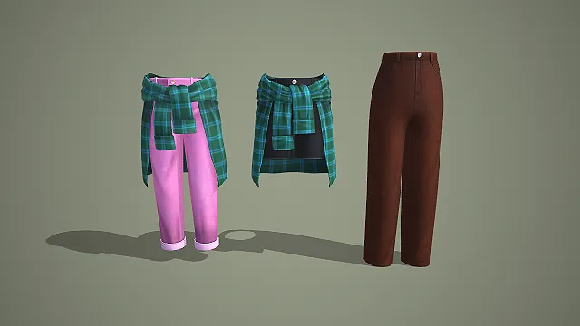 绿格衬衫绑腰裤与棕色竖条纹阔腿裤三件套 3D 模型