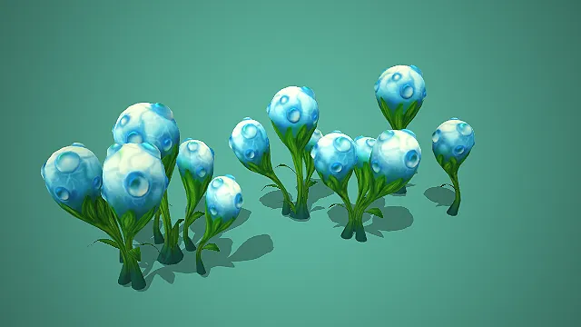 蓝白泡状花苞绿茎奇幻植物组合 3D 模型