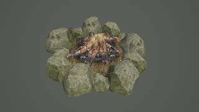 国风山野风格石围篝火堆模型