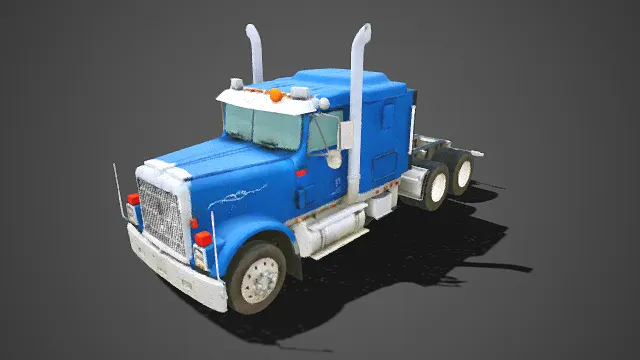 重型牵引卡车  美式拖车头  蓝白双色涂装  闪电状装饰  警示灯  储物箱  硬朗  写实