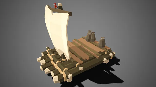 低多边形  荒岛求生木筏  原木捆扎  布帆  红鹦鹉  卡通趣味  海上漂流