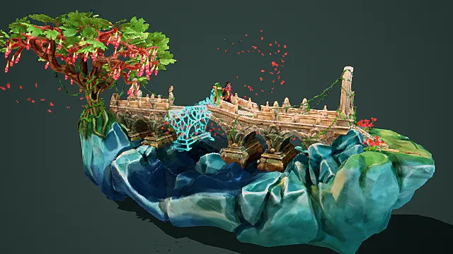 奇幻风格悬浮岛屿场景3D模型，浪漫设计（悬浮岛屿、石桥、古树、花瓣飘落、人物装饰 ）