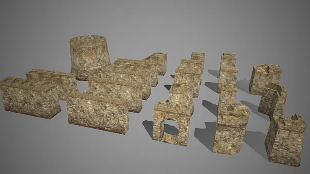 中世纪  石质城堡  建筑组件模型  塔楼  城墙  城门  石砌纹理材质  沙盘模型