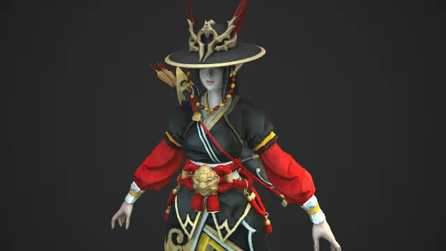 黑红金纹斗笠精灵女射手：赤棘隐林箭姬模型