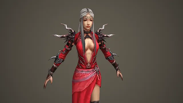 白发带角肩饰红装女妖游戏角色模型