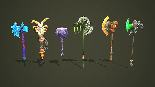 六款奇幻风格战斧战锤武器道具组合模型
