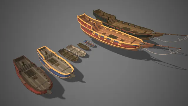 低多边形  航海船具  大型彩纹木质帆船  小艇  海港码头  船舶集群  