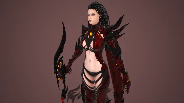 魔女造型  暗黑焰纹  镂空设计  魅惑  暗红披风  尖刃  女妖形象  反派女角