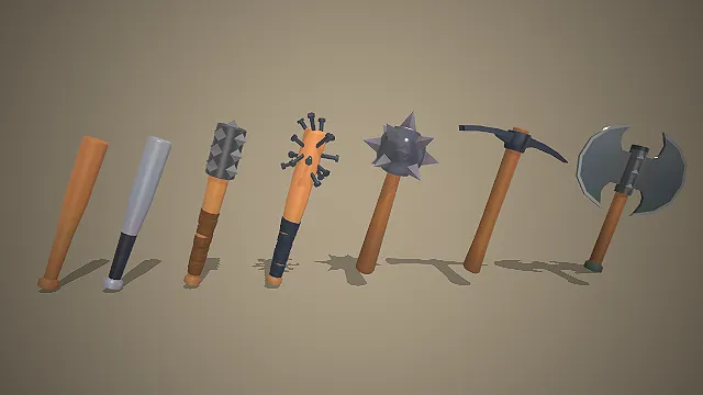 一个低多边形卡通风格的3D近战武器组合模型