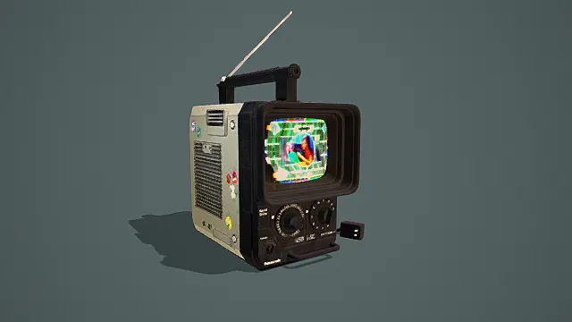 复古风格老式电视机3D模型，怀旧设计（老式电视机、复古外观、天线、贴纸装饰、怀旧元素 ）