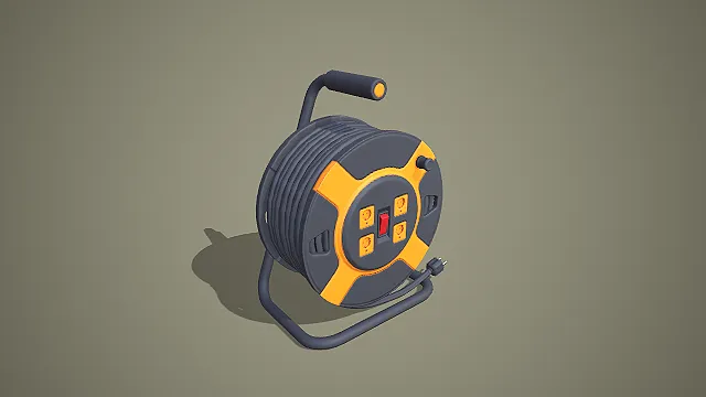 橙黑双色带插座线缆卷盘 3D 低多边形接线工具模型