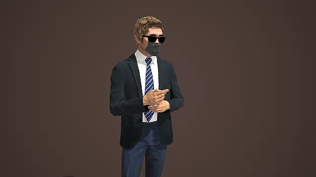 戴墨镜口罩穿西装牛仔裤交握双手的男性写实模型