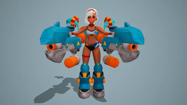 卡通科幻风格3D机械少女角色模型，创意设计（卡通科幻机械少女、白色短发、蓝橙配色机械装备、鲨鱼造型武器、海豚装饰）