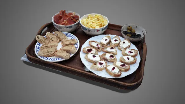 西式冷餐小食  托盘摆盘  开胃餐点  抹酱烤面包片  轻食  风干火腿  橄榄  