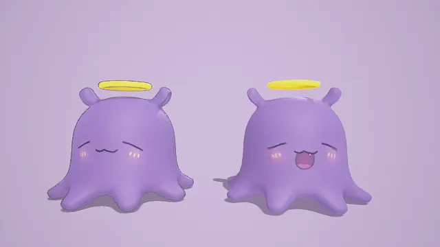 3D卡通风紫色小怪物组合模型，创意设计（3D紫色小怪物、卡通风格、紫色身体、黄色光环、粉色腮红、可爱软萌、童趣治愈）