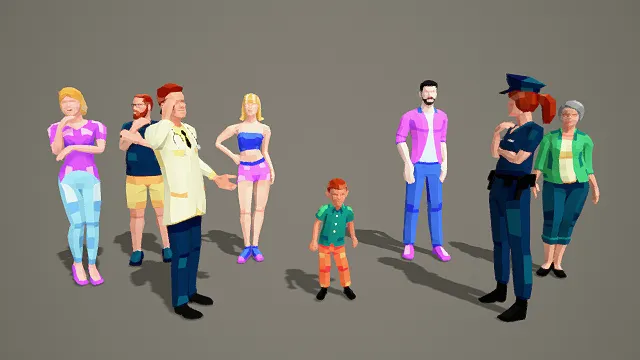 3D卡通风格低多边形人物群像模型，创意设计（3D角色群、卡通风格、人物主题，角色元素）