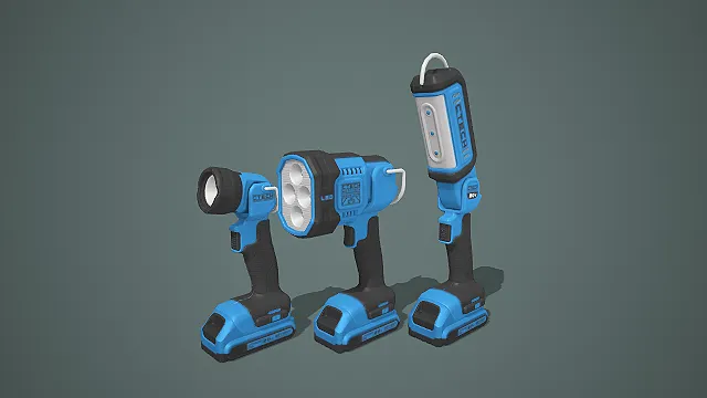 蓝黑配色三款锂电手持工作灯组合照明工具 3D 模型