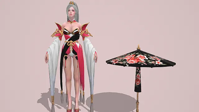 国风仙侠玄幻风女性角色模型（红白黑金配色华丽服饰造型）