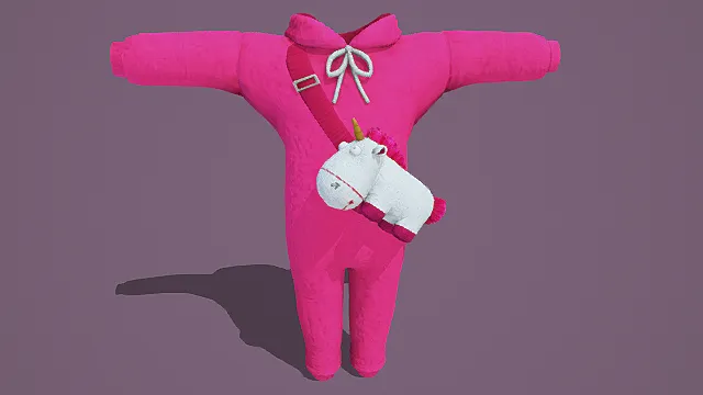 可爱风格粉色连体服3D模型，带装饰挎包与蝴蝶结