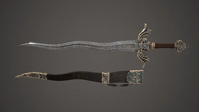 奇幻雕花弯刃长剑模型