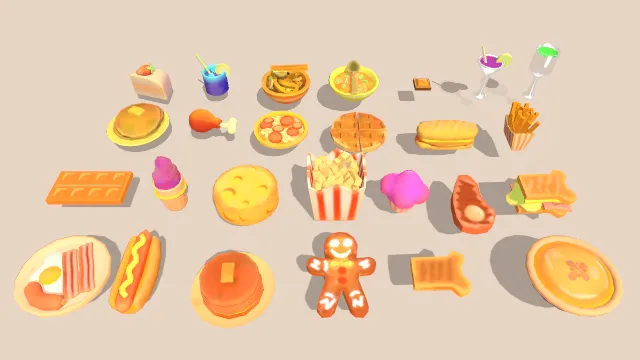 低多边形食物面包甜点饼干肉类饮食模型