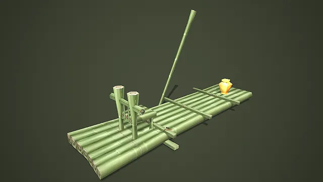 古风竹筏带酒坛游戏场景模型